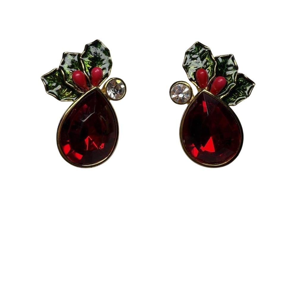 Avon Christmas Holiday Stud Earrings Holly Berry Red Tear Drop Rhinestone